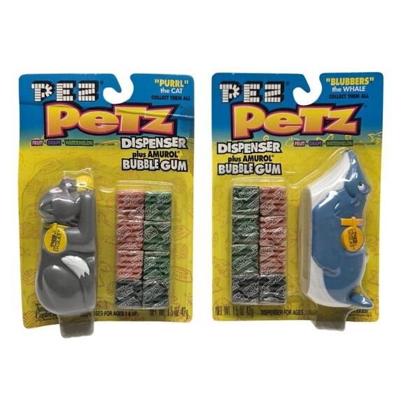 Vintage Pez Petz Dispenser Plus Bubble Gum, Purrl The Cat & Blubbers The Whale - Picture 1 of 8